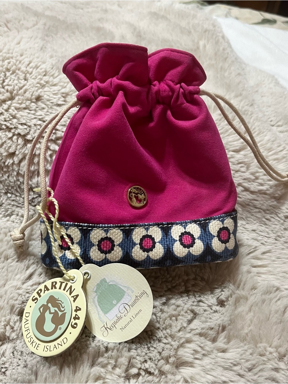 Spartina 449 Hot Pink Drawstring Pouch with Floral Trim NWT
02-04R